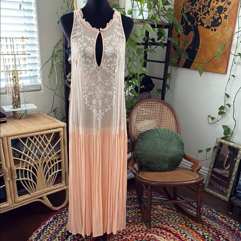 Free People Peach Embroidered Sheer Drop Waist Romantic Boho Midi Maxi Dress